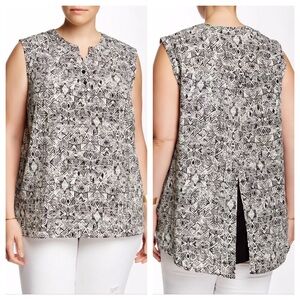 Nordstrom EVERLEIGH Split Back Hi-Lo Tank Blouse Black White Geometric Print 3X